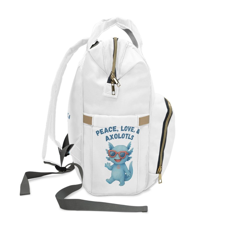 Stylish Multifunctional Diaper Backpack with Cute Axolotl Design, Baby Bag, Mom Backpack, Maternity Tote, Peace, Love Design BLUE