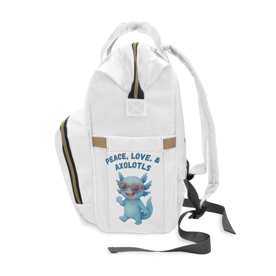 Stylish Multifunctional Diaper Backpack with Cute Axolotl Design, Baby Bag, Mom Backpack, Maternity Tote, Peace, Love Design BLUE