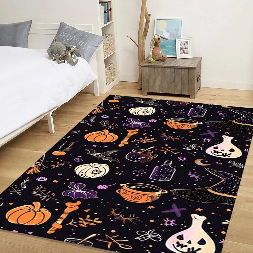 Halloween Witch & Pumpkin Rug, Washable Non-Slip Playroom Rug