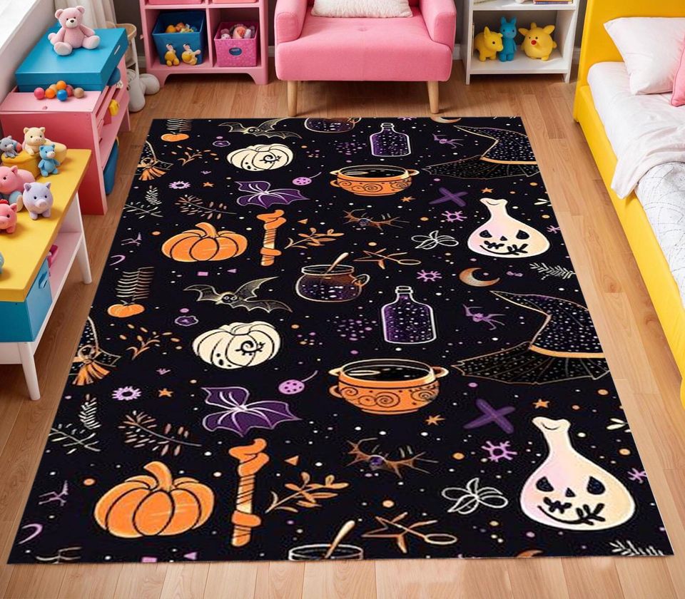 Halloween Witch & Pumpkin Rug, Washable Non-Slip Playroom Rug