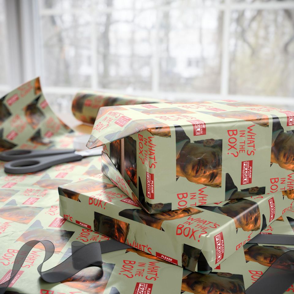 What's In the Box? Wrapping Paper Roll, Unique Holiday Wrapping Paper, Humor Xmas Gift Wrap for Friends, Funny 90s Movie Inspired Gift Wrap