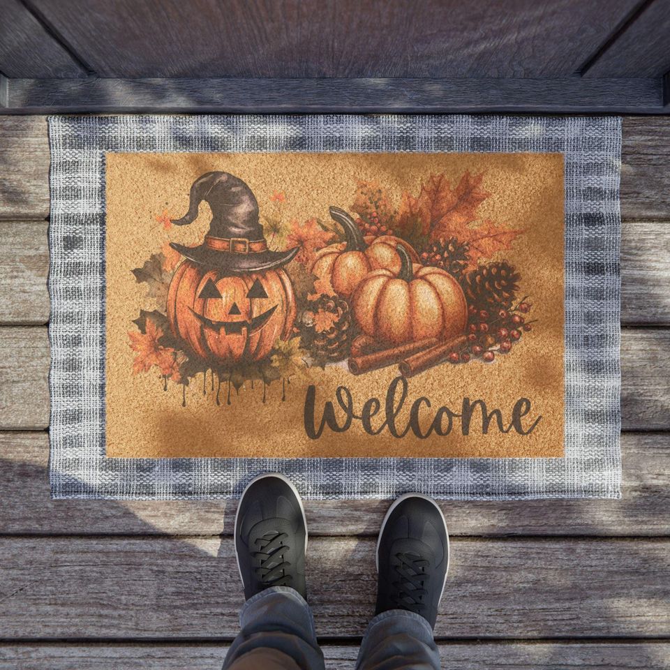 Halloween Welcome Doormat, Pumpkin Fall Decor, Autumn Welcome Mat, Seasonal Entryway Rug, Fall Decor, Fall Welcome Mat