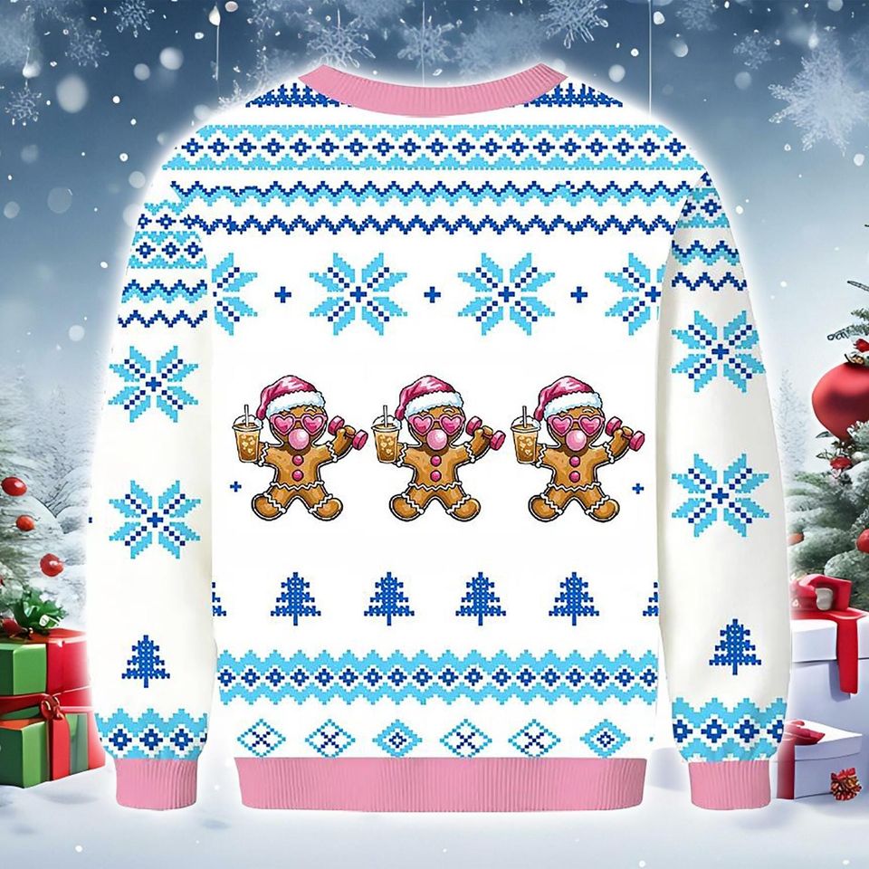 Gingerbread Christmas Sweater, Knit-Style White Blue Holiday Sweatshirt