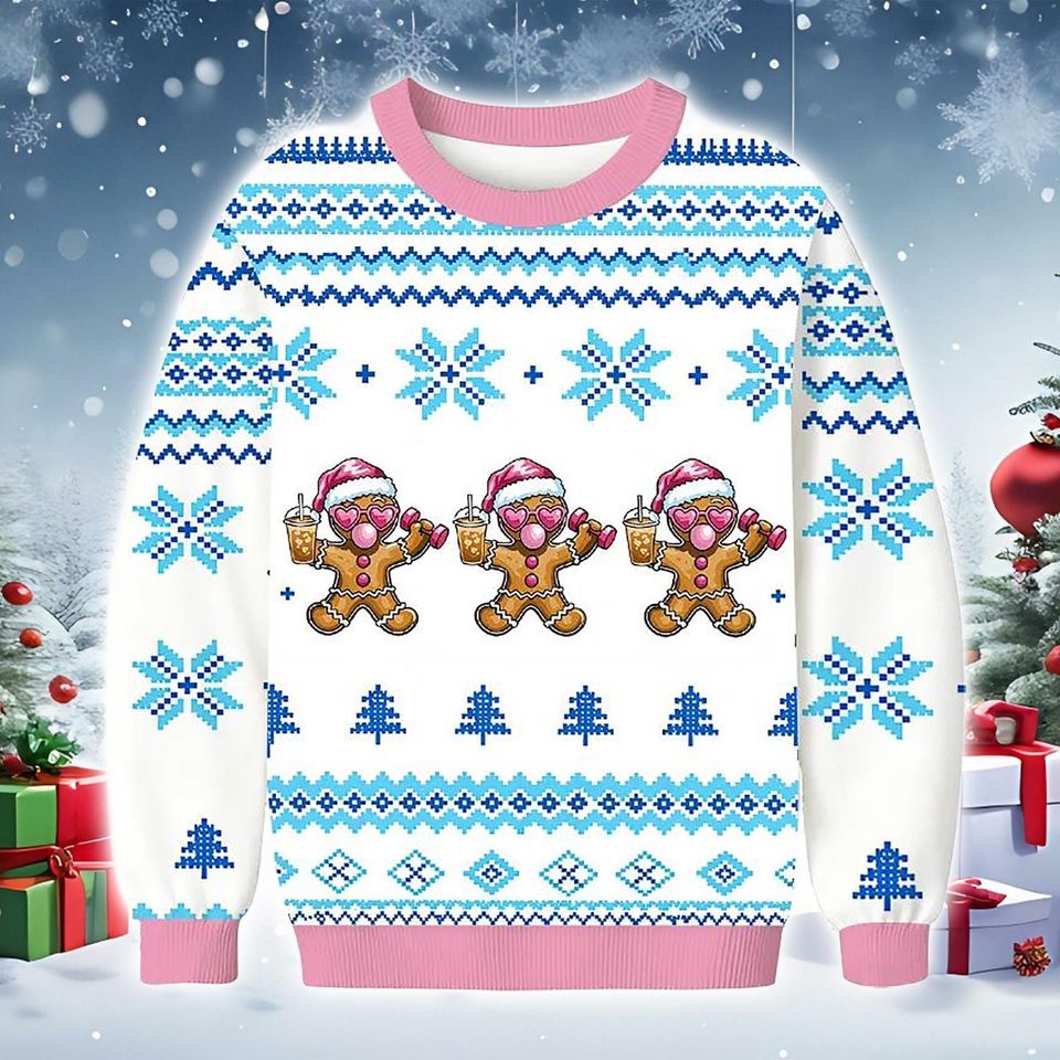 Gingerbread Christmas Sweater, Knit-Style White Blue Holiday Sweatshirt