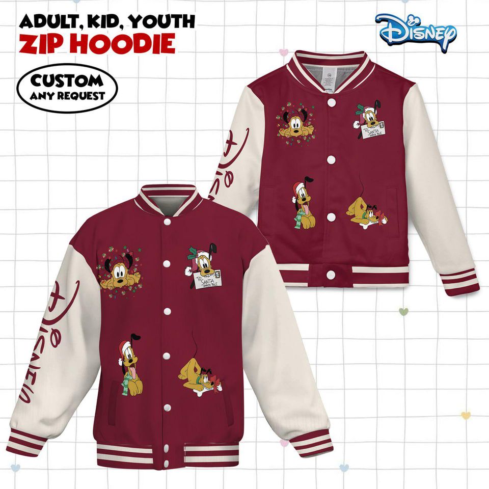 Disney Pluto Christmas Varsity Jacket, Adult Varsity Jacket, Personalized Disney Jacket