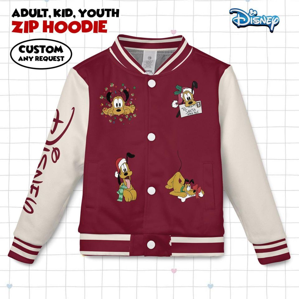 Disney Pluto Christmas Varsity Jacket, Adult Varsity Jacket, Personalized Disney Jacket