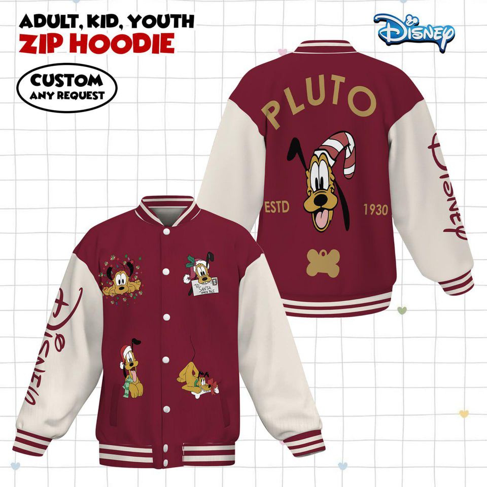 Disney Pluto Christmas Varsity Jacket, Adult Varsity Jacket, Personalized Disney Jacket