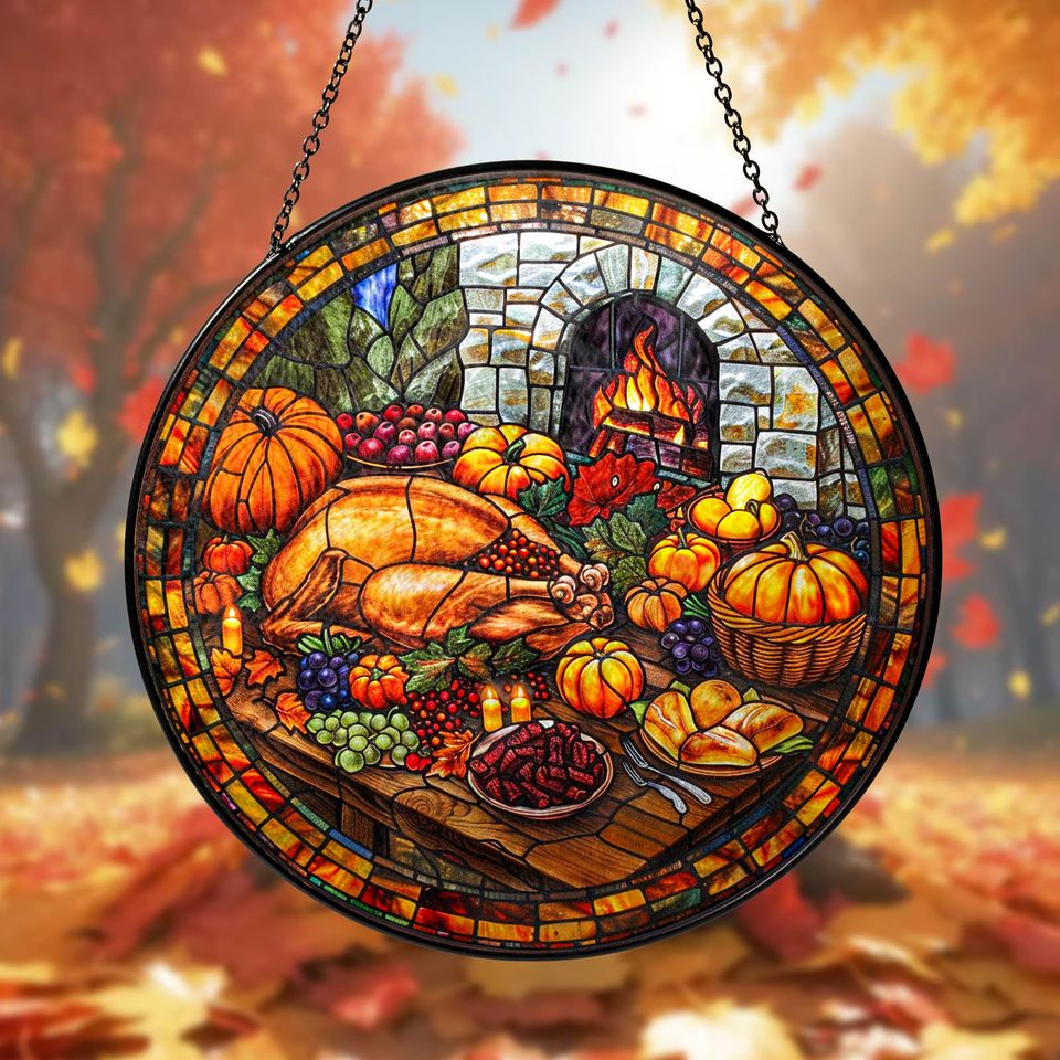 Thanksgiving Turkey Suncatcher: Stained Glass Window Art - Grandma Gift