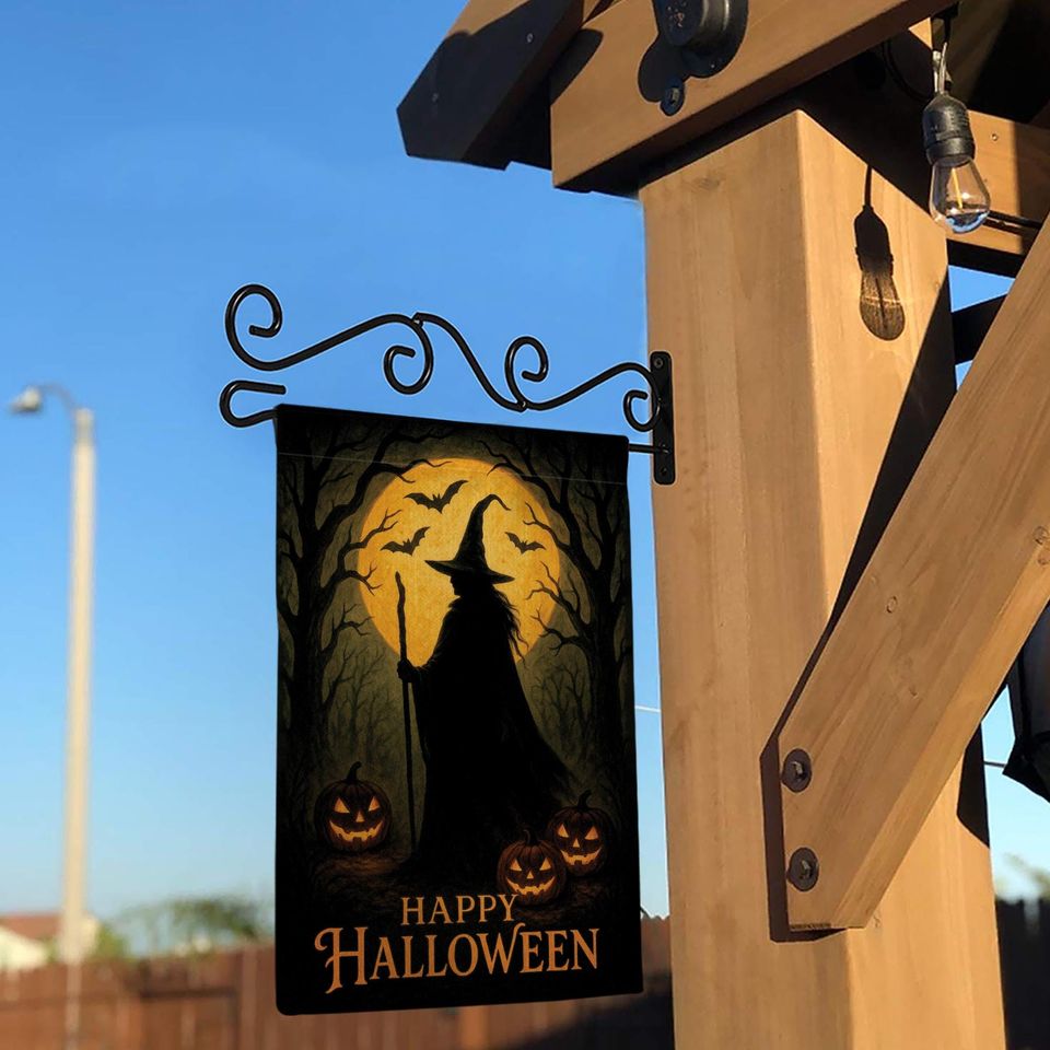 Halloween Garden Flag: Witch Silhouette, Pumpkin & Bat Decor
