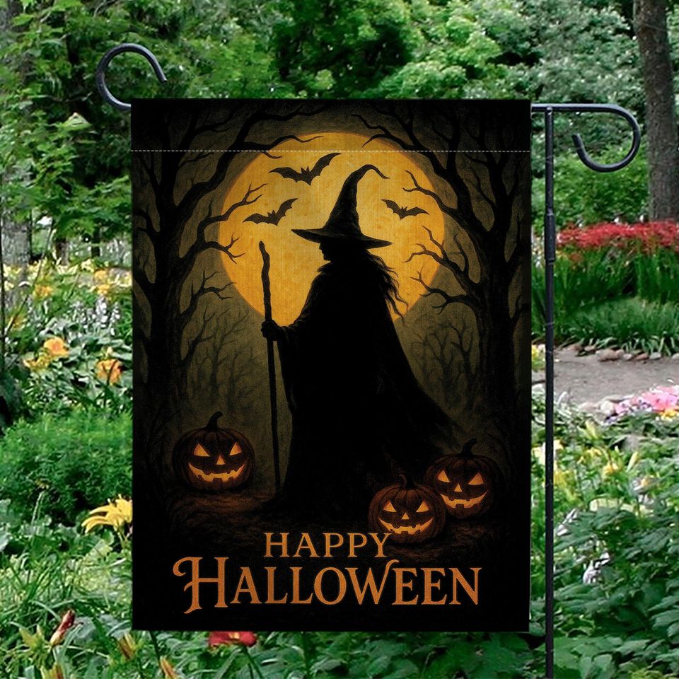 Halloween Garden Flag: Witch Silhouette, Pumpkin & Bat Decor