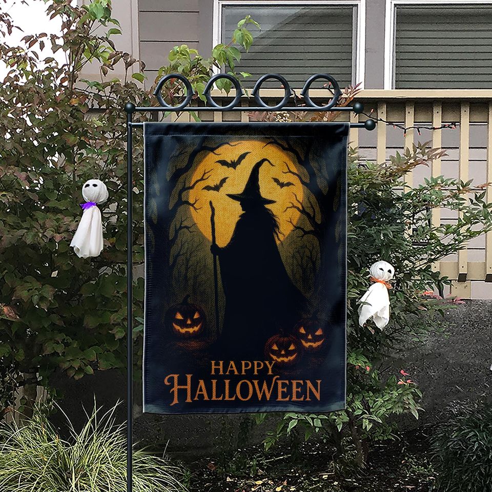 Halloween Garden Flag: Witch Silhouette, Pumpkin & Bat Decor