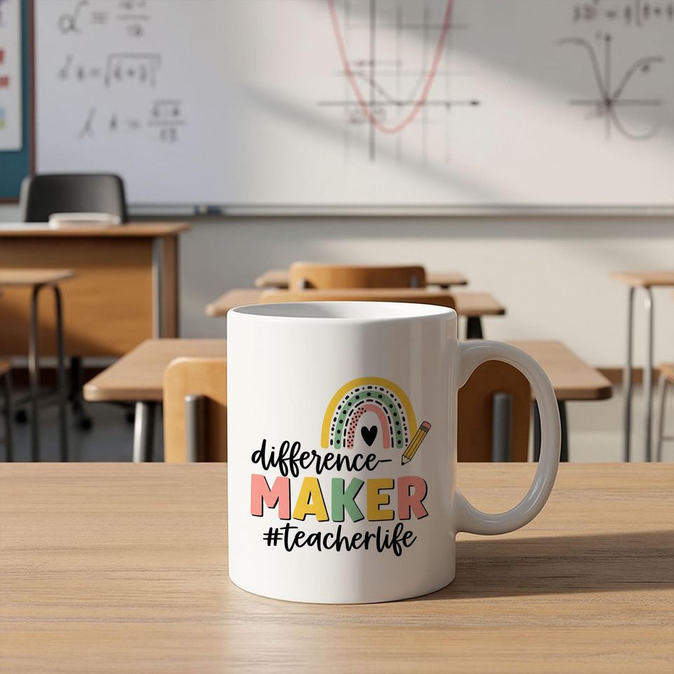 Difference Maker Teacher Mug  Accent Coffee Cup for Educators with Rainbow Design  Teacher Life Gift for Back to School