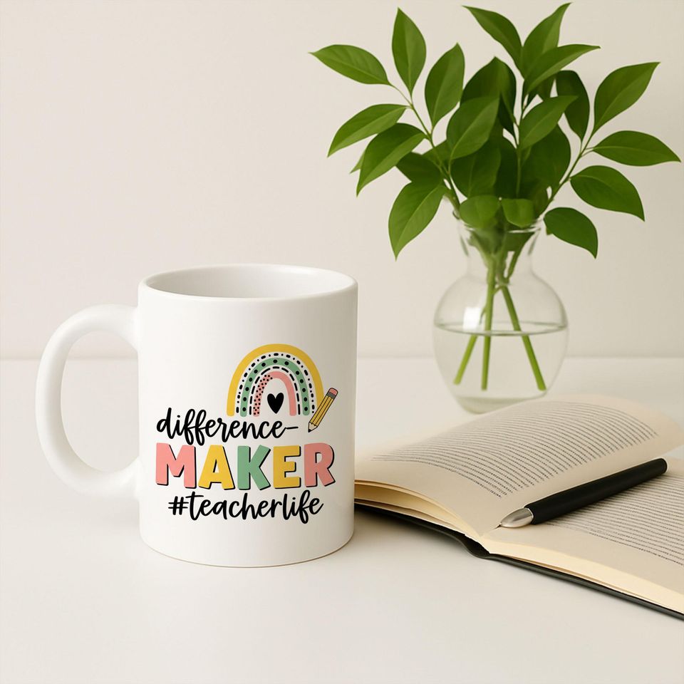 Difference Maker Teacher Mug  Accent Coffee Cup for Educators with Rainbow Design  Teacher Life Gift for Back to School