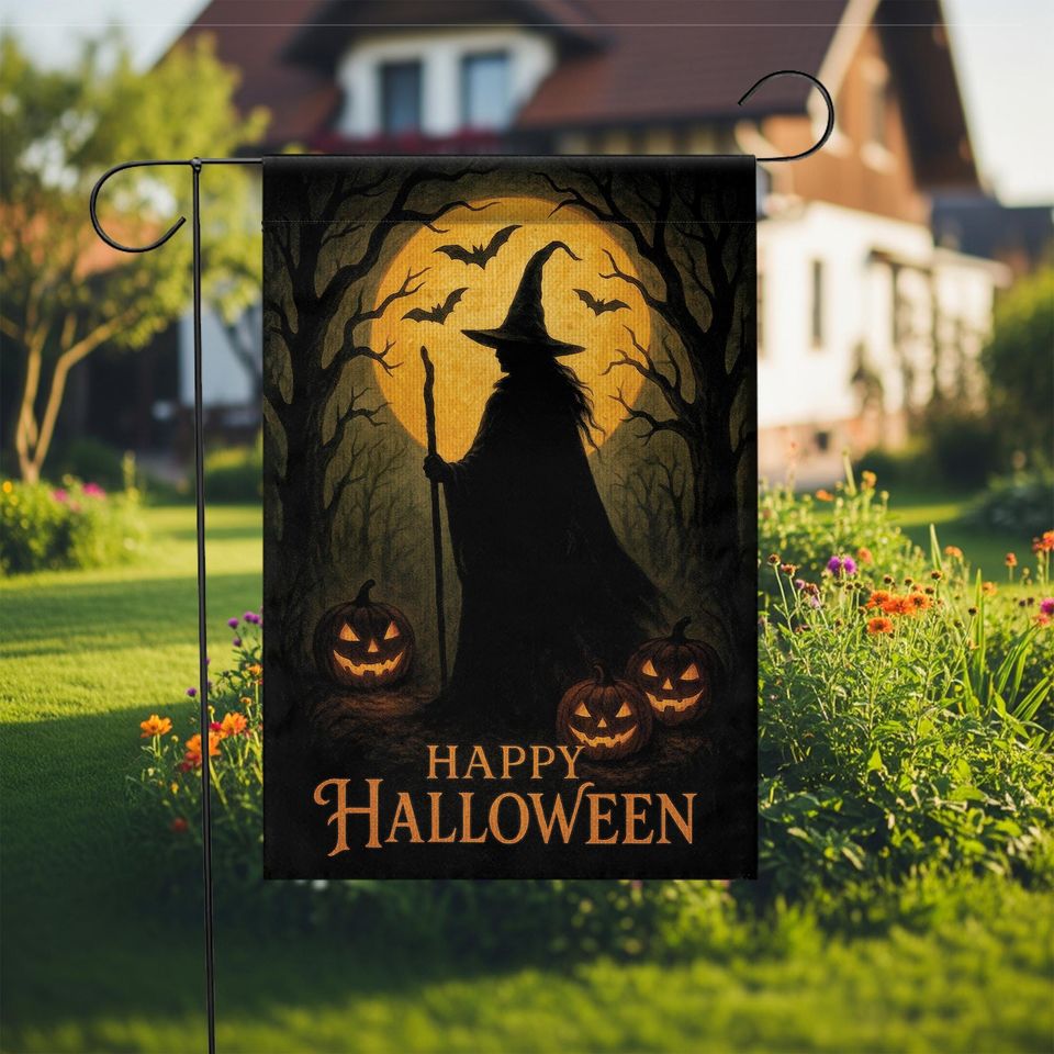 Halloween Garden Flag: Witch Silhouette, Pumpkin & Bat Decor