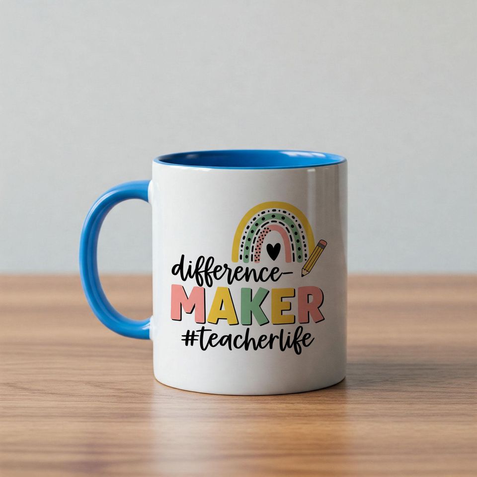 Difference Maker Teacher Mug  Accent Coffee Cup for Educators with Rainbow Design  Teacher Life Gift for Back to School