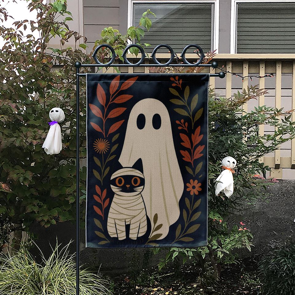 Halloween Garden Flag: Ghost and Mummy Cat Decor