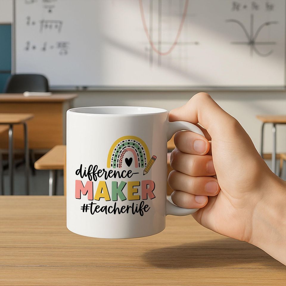 Difference Maker Teacher Mug  Accent Coffee Cup for Educators with Rainbow Design  Teacher Life Gift for Back to School