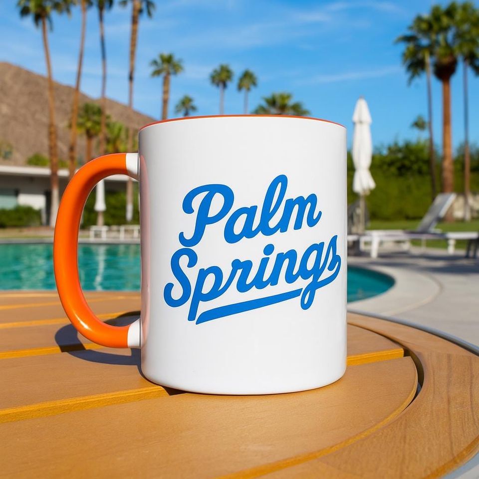 Palm Springs Coffee Mug: Retro Dodgers Font, Orange Accent Mug