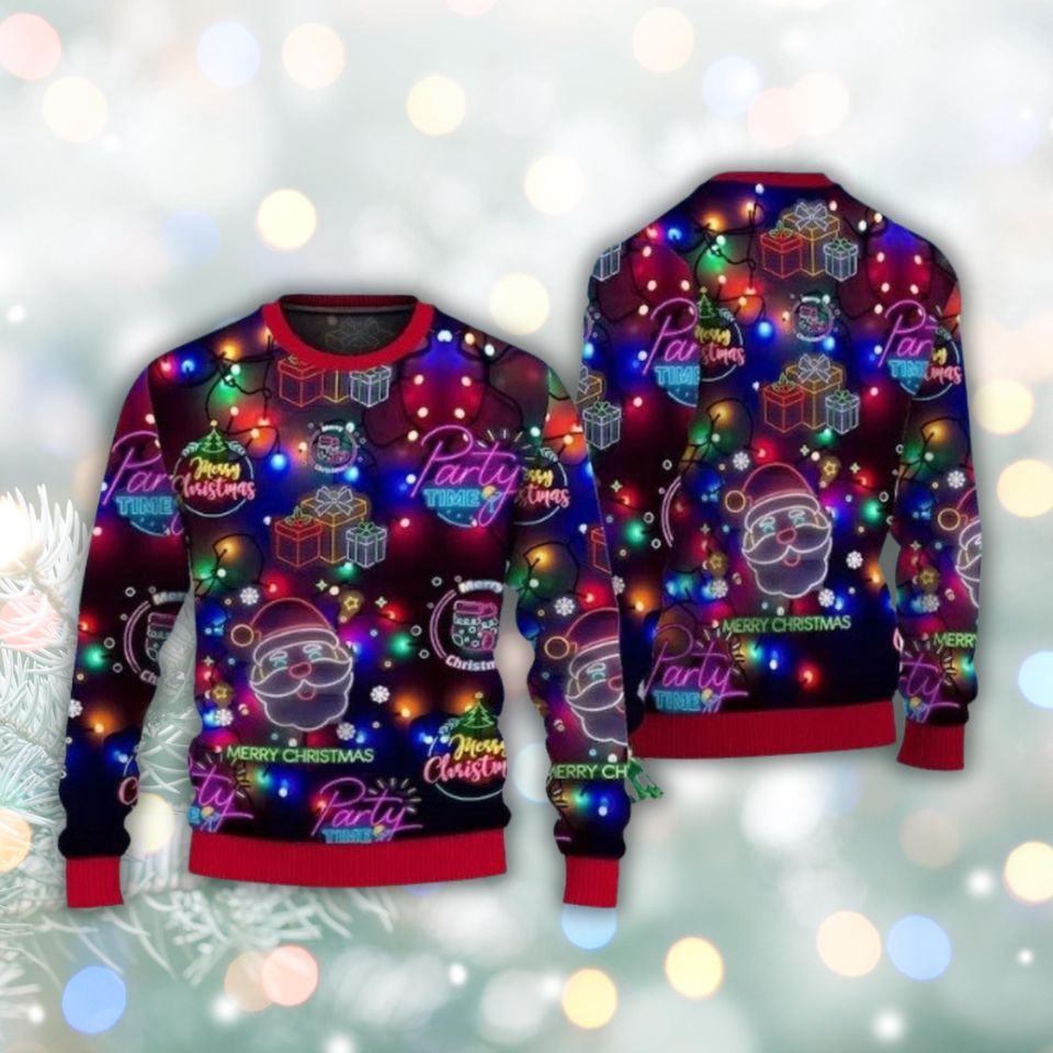 Neon Christmas Lights Ugly Sweater, Party Time Santa Glow Holiday Knit Jumper, Colorful Festive Unisex Xmas Pullover Gift for Men Women