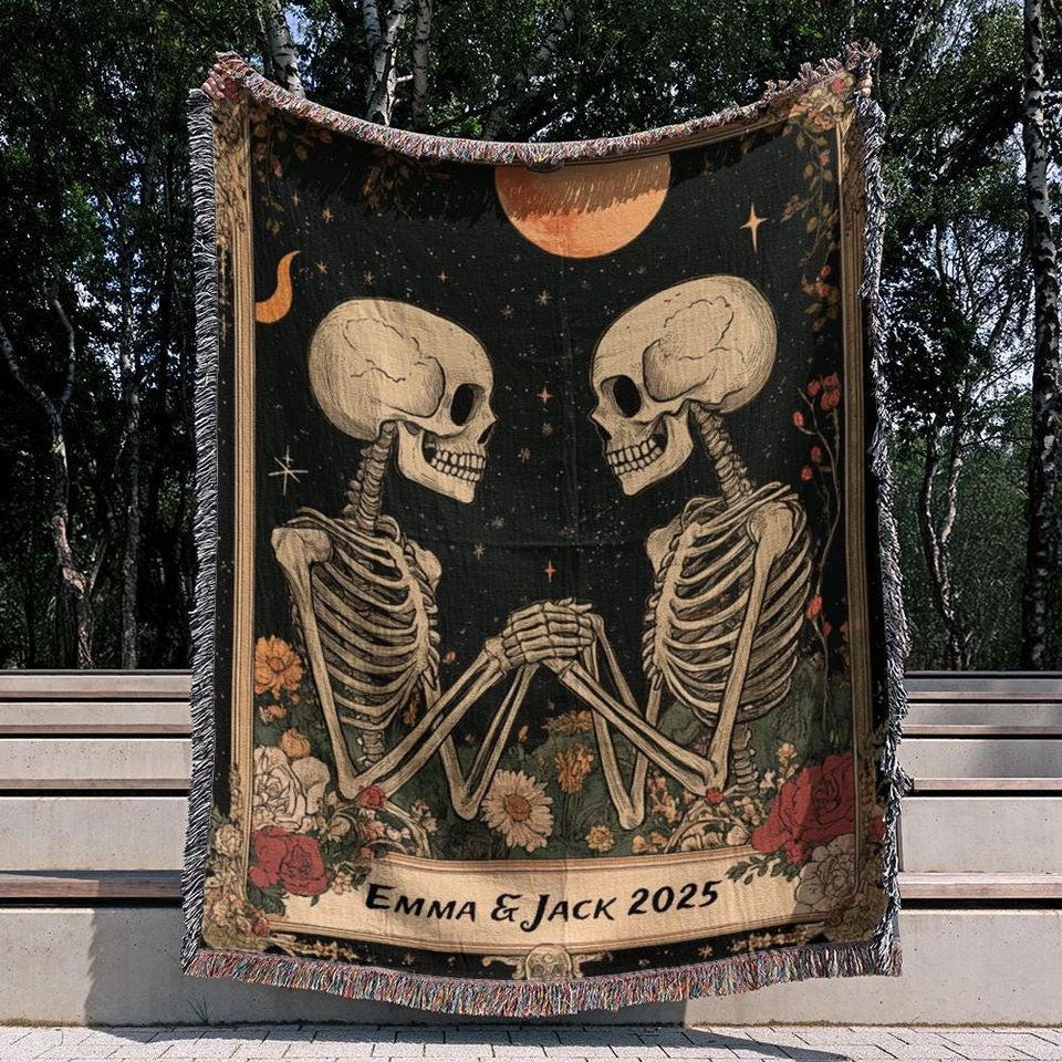 Till Death Do Us Part Skeleton Couple Woven Blanket, Personalized Gothic Halloween Throw, Custom Names Blanket,Romantic Gift for Him and Her