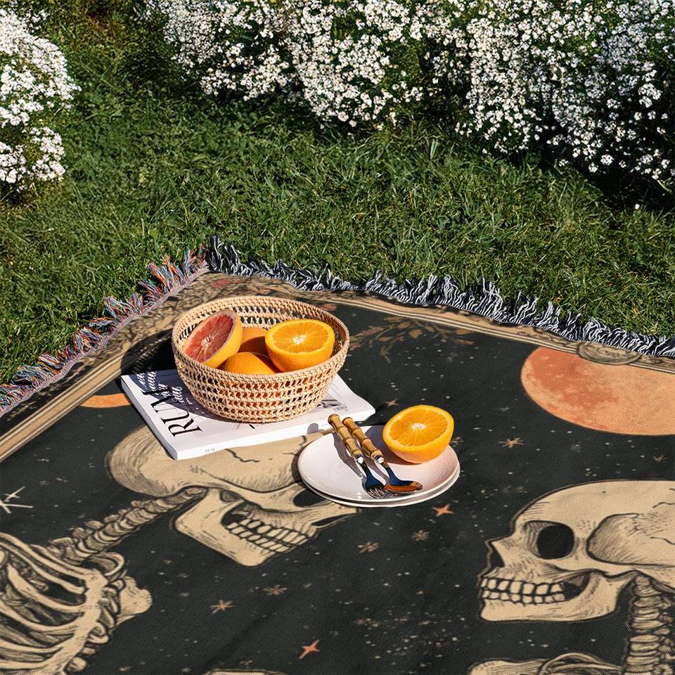 Till Death Do Us Part Skeleton Couple Woven Blanket, Personalized Gothic Halloween Throw, Custom Names Blanket,Romantic Gift for Him and Her