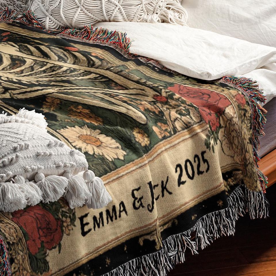 Till Death Do Us Part Skeleton Couple Woven Blanket, Personalized Gothic Halloween Throw, Custom Names Blanket,Romantic Gift for Him and Her