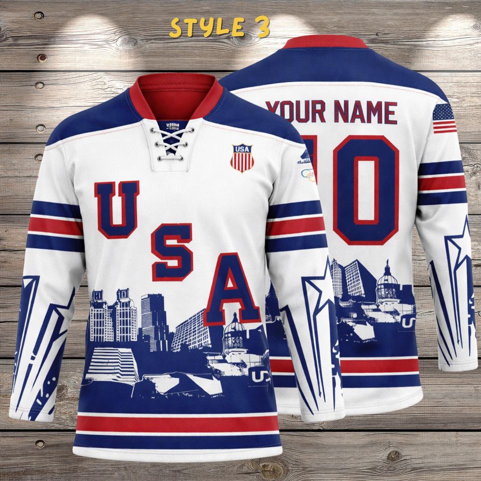 USA Inspired 3D Lace Up Hockey Jersey, All Over Print Pique Shirt, Lightweight Breathable, Custom Name Number, Hockey Fan Gift