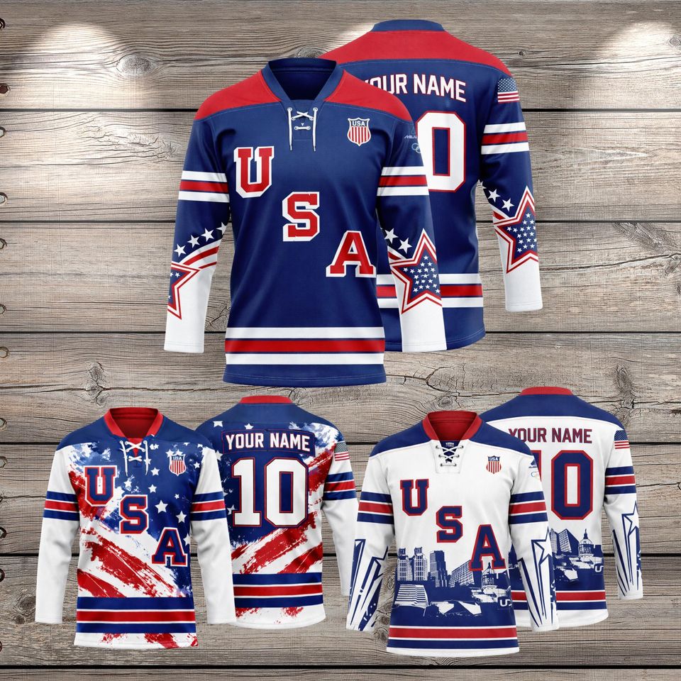 USA Inspired 3D Lace Up Hockey Jersey, All Over Print Pique Shirt, Lightweight Breathable, Custom Name Number, Hockey Fan Gift