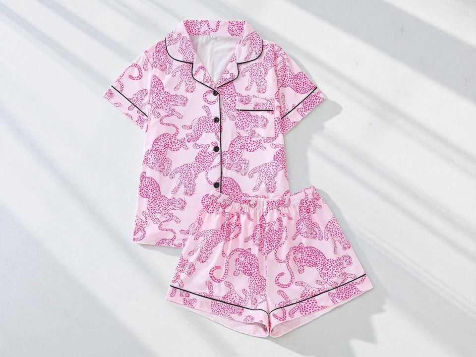 Leopard Print Pajama Set | Women's Short Sleeve Top | Button Sleepwear Shorts | Cute Animal Pattern Loungewear | Soft Summer Nightwear