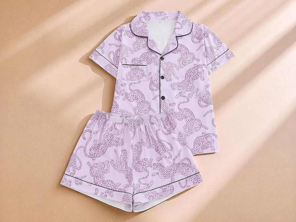 Leopard Print Pajama Set | Women's Short Sleeve Top | Button Sleepwear Shorts | Cute Animal Pattern Loungewear | Soft Summer Nightwear