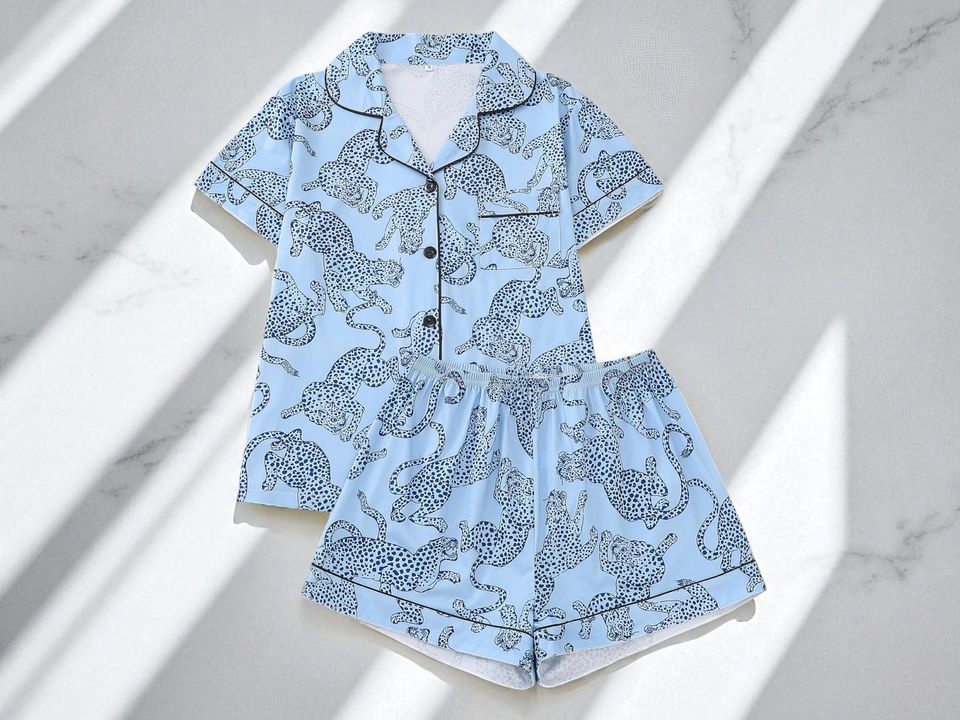 Leopard Print Pajama Set | Women's Short Sleeve Top | Button Sleepwear Shorts | Cute Animal Pattern Loungewear | Soft Summer Nightwear