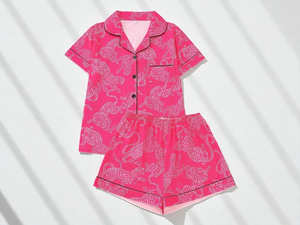 Leopard Print Pajama Set | Women's Short Sleeve Top | Button Sleepwear Shorts | Cute Animal Pattern Loungewear | Soft Summer Nightwear