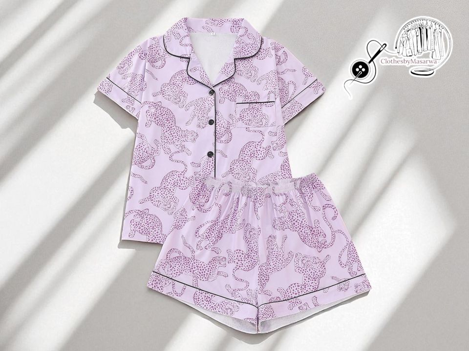 Leopard Print Pajama Set | Women's Short Sleeve Top | Button Sleepwear Shorts | Cute Animal Pattern Loungewear | Soft Summer Nightwear