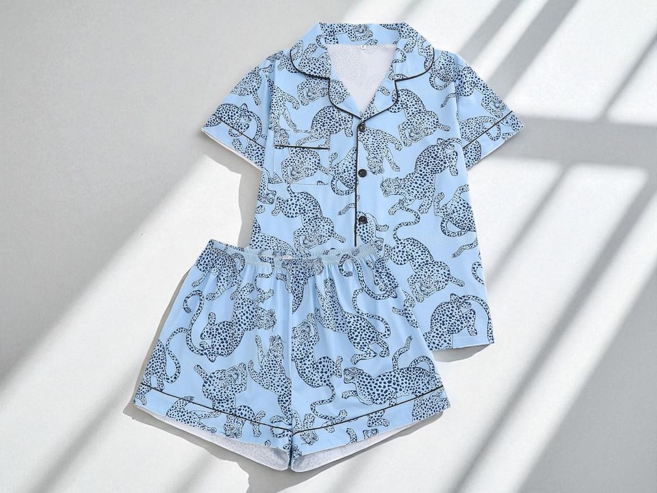 Leopard Print Pajama Set | Women's Short Sleeve Top | Button Sleepwear Shorts | Cute Animal Pattern Loungewear | Soft Summer Nightwear