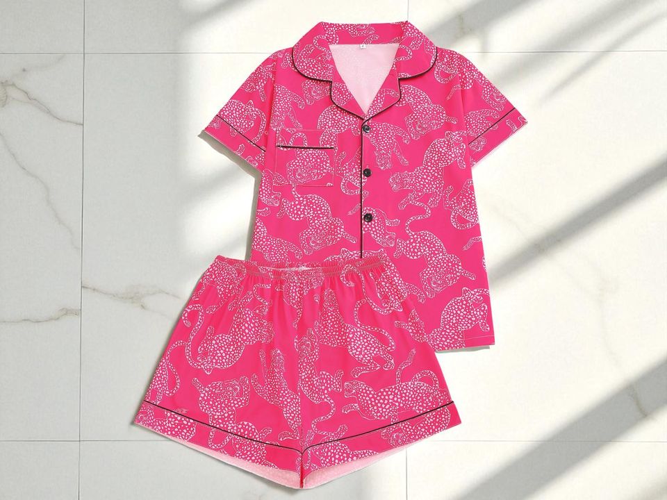 Leopard Print Pajama Set | Women's Short Sleeve Top | Button Sleepwear Shorts | Cute Animal Pattern Loungewear | Soft Summer Nightwear