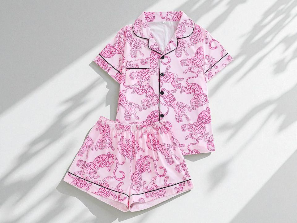 Leopard Print Pajama Set | Women's Short Sleeve Top | Button Sleepwear Shorts | Cute Animal Pattern Loungewear | Soft Summer Nightwear