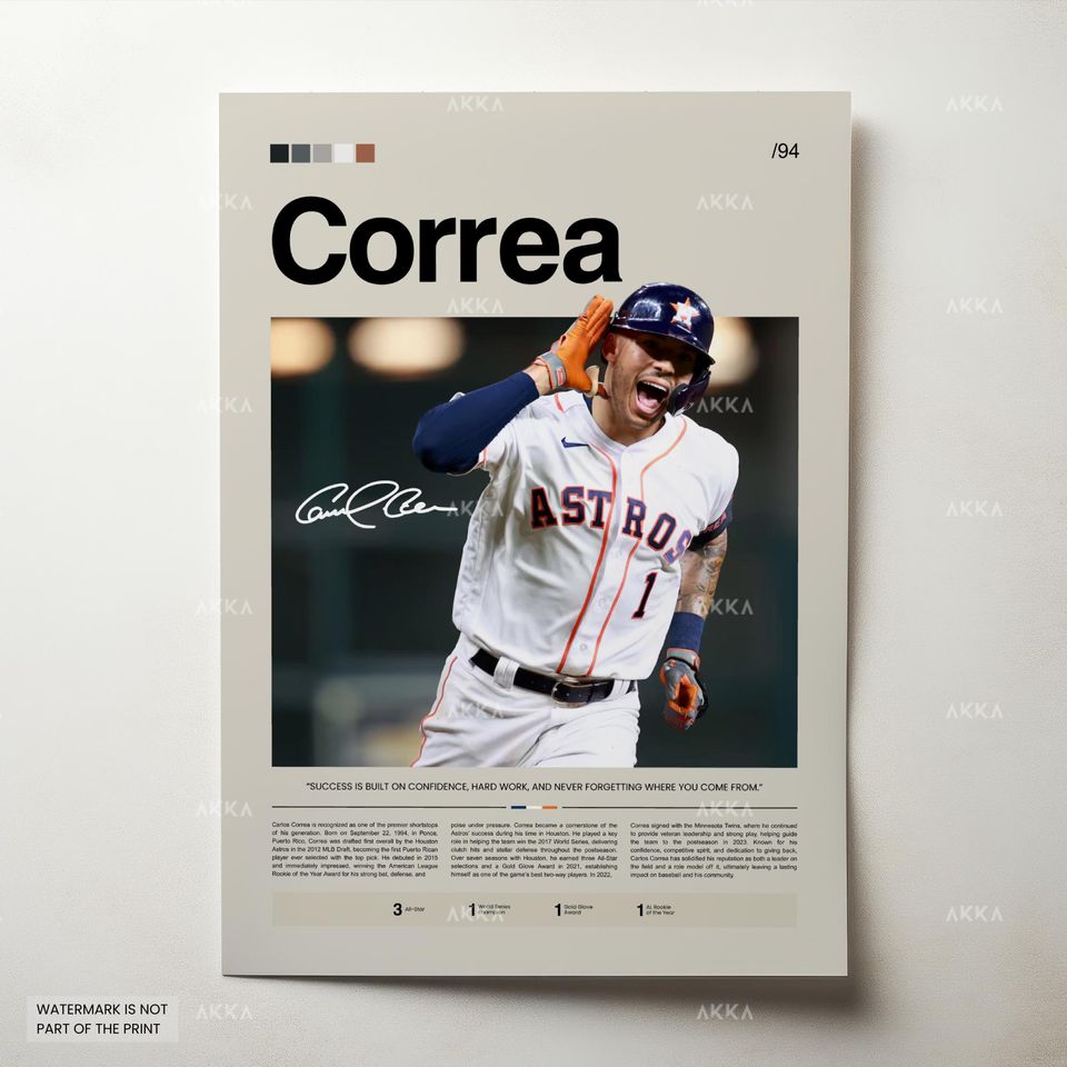 Carlos Correa Poster, Houston Astros Wall Art Print, Framed Baseball Decor