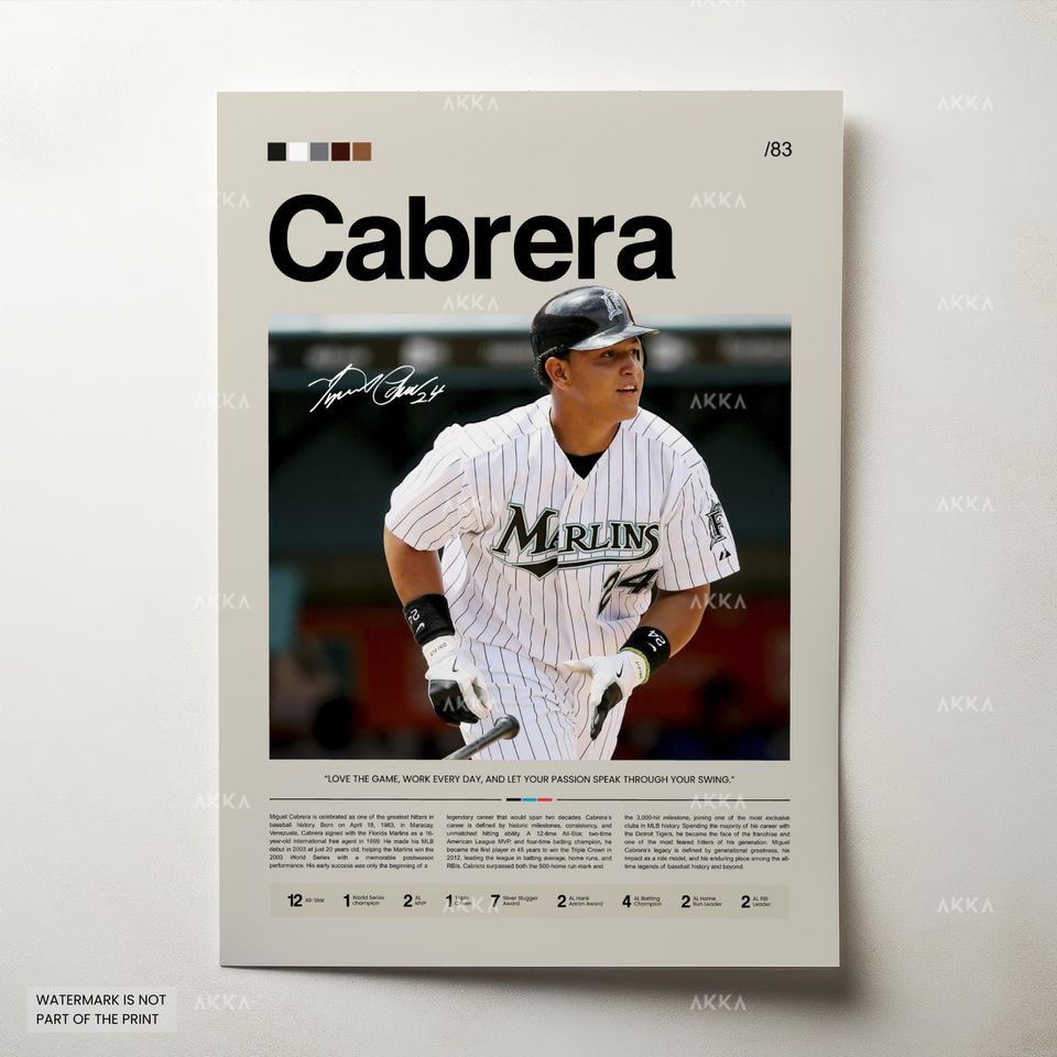 Miguel Cabrera Poster, Florida Marlins Wall Art Print, Framed Baseball Decor