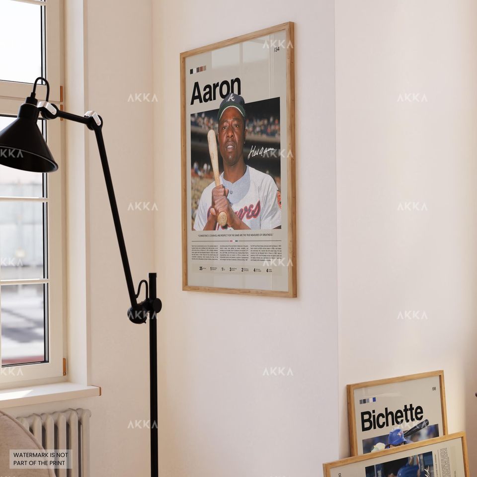 Hank Aaron Poster, Atlanta Braveess Wall Art Print, Framed Baseball Decor