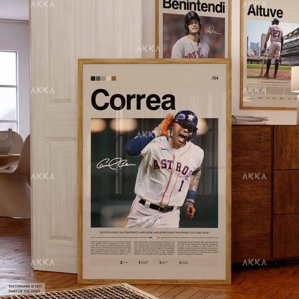 Carlos Correa Poster, Houston Astros Wall Art Print, Framed Baseball Decor