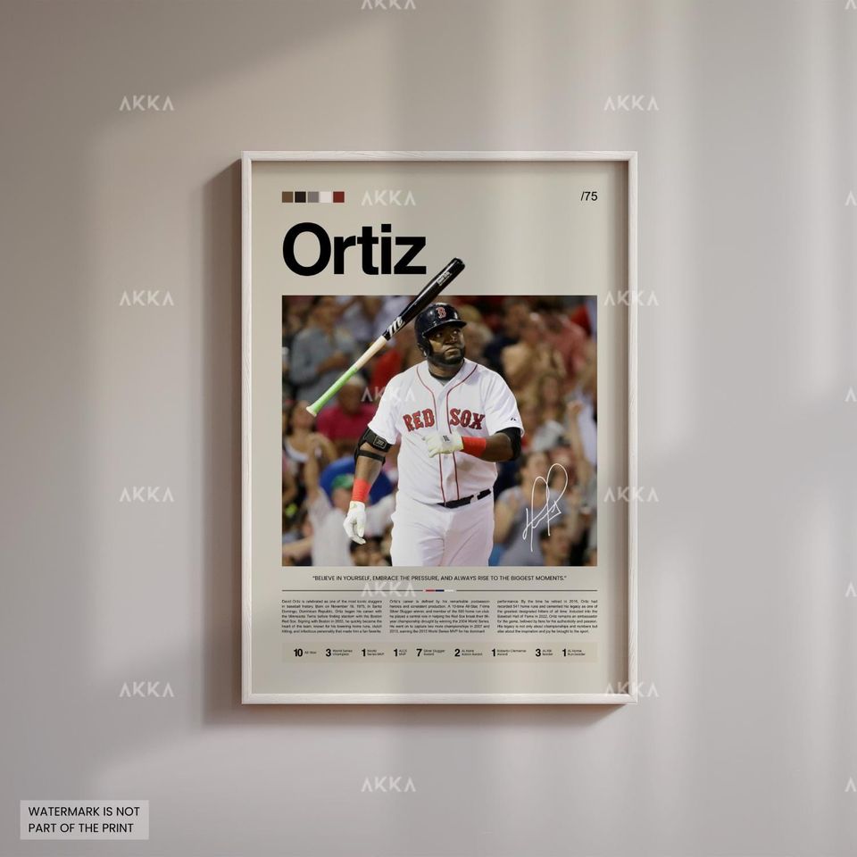 David Ortiz Poster, Boston Red Sox Wall Art Print, Framed Baseball Decor