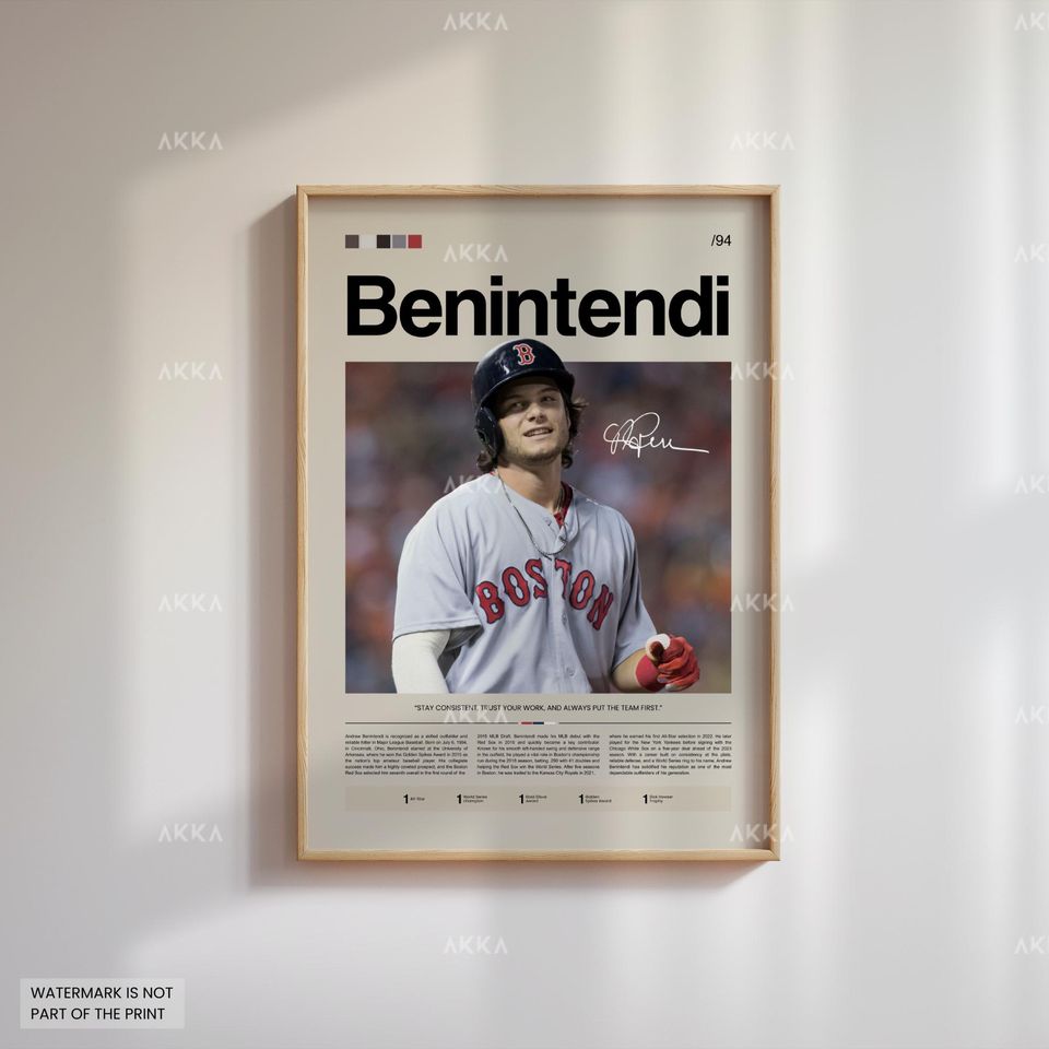 Andrew Benintendi Poster, Boston Red Sox Wall Art Print, Framed Baseball Decor
