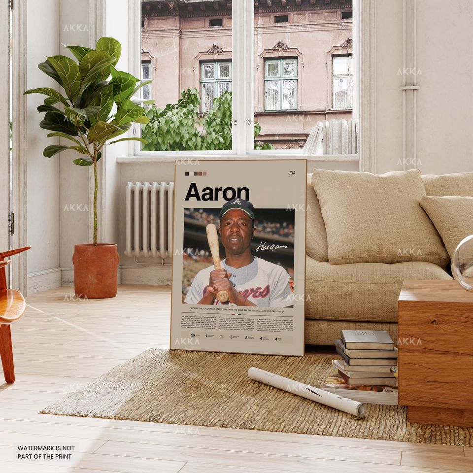 Hank Aaron Poster, Atlanta Braveess Wall Art Print, Framed Baseball Decor