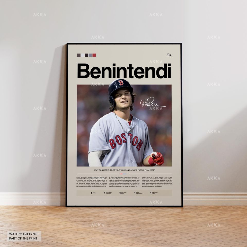 Andrew Benintendi Poster, Boston Red Sox Wall Art Print, Framed Baseball Decor