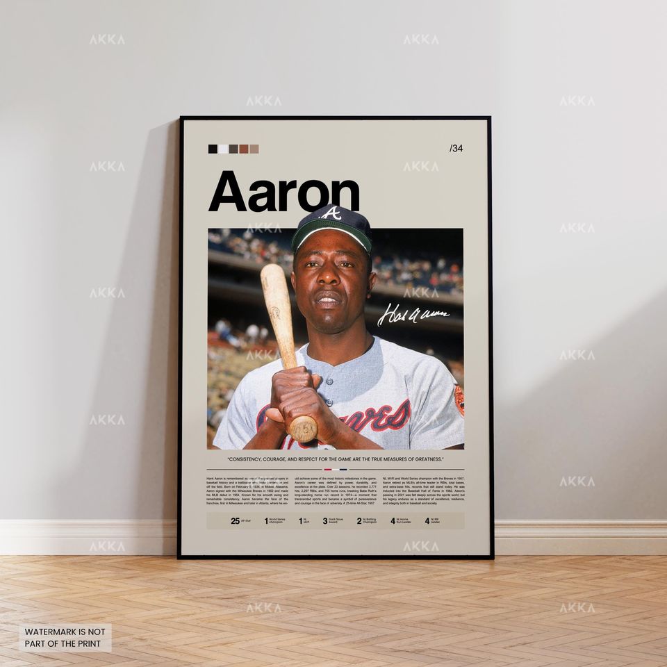 Hank Aaron Poster, Atlanta Braveess Wall Art Print, Framed Baseball Decor
