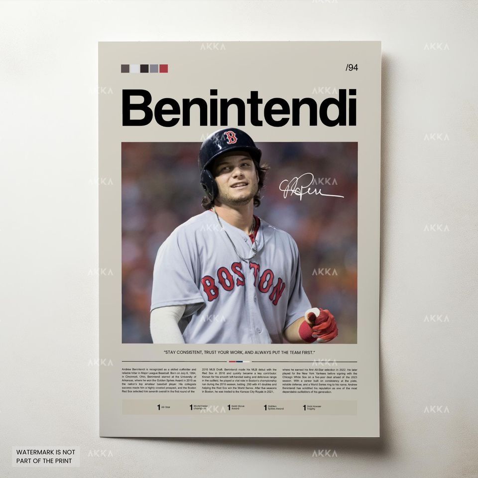 Andrew Benintendi Poster, Boston Red Sox Wall Art Print, Framed Baseball Decor