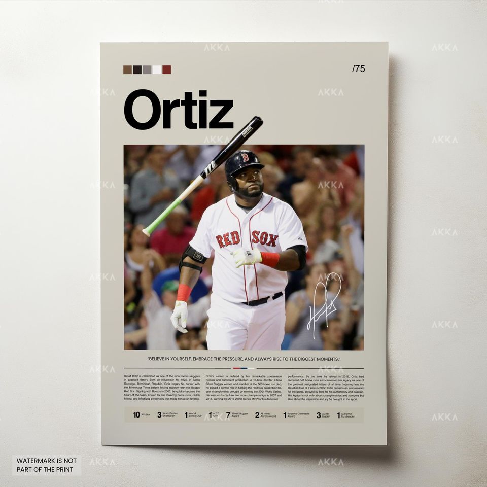 David Ortiz Poster, Boston Red Sox Wall Art Print, Framed Baseball Decor