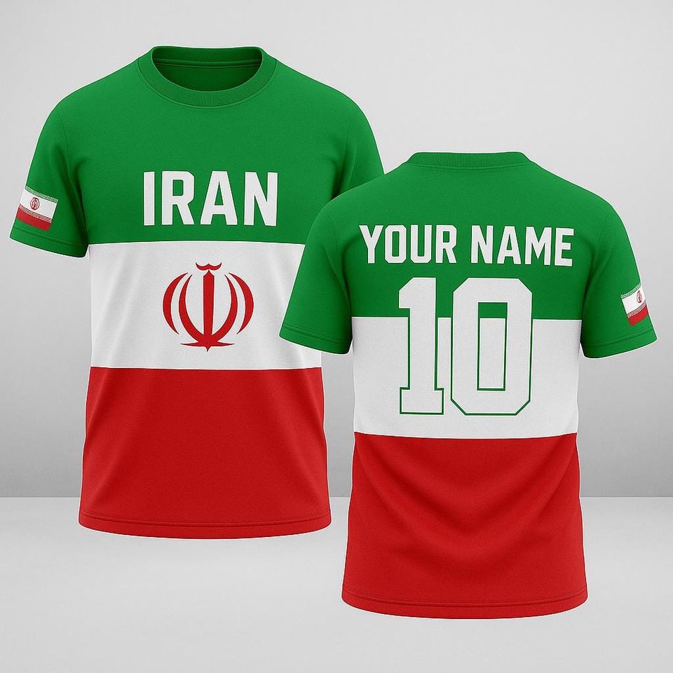 Custom Iran Flag Jersey with Name and Number, Personalized Iranian Pride Shirt, Unisex Green White Red Soccer Fan Tee for Gifts and Parties