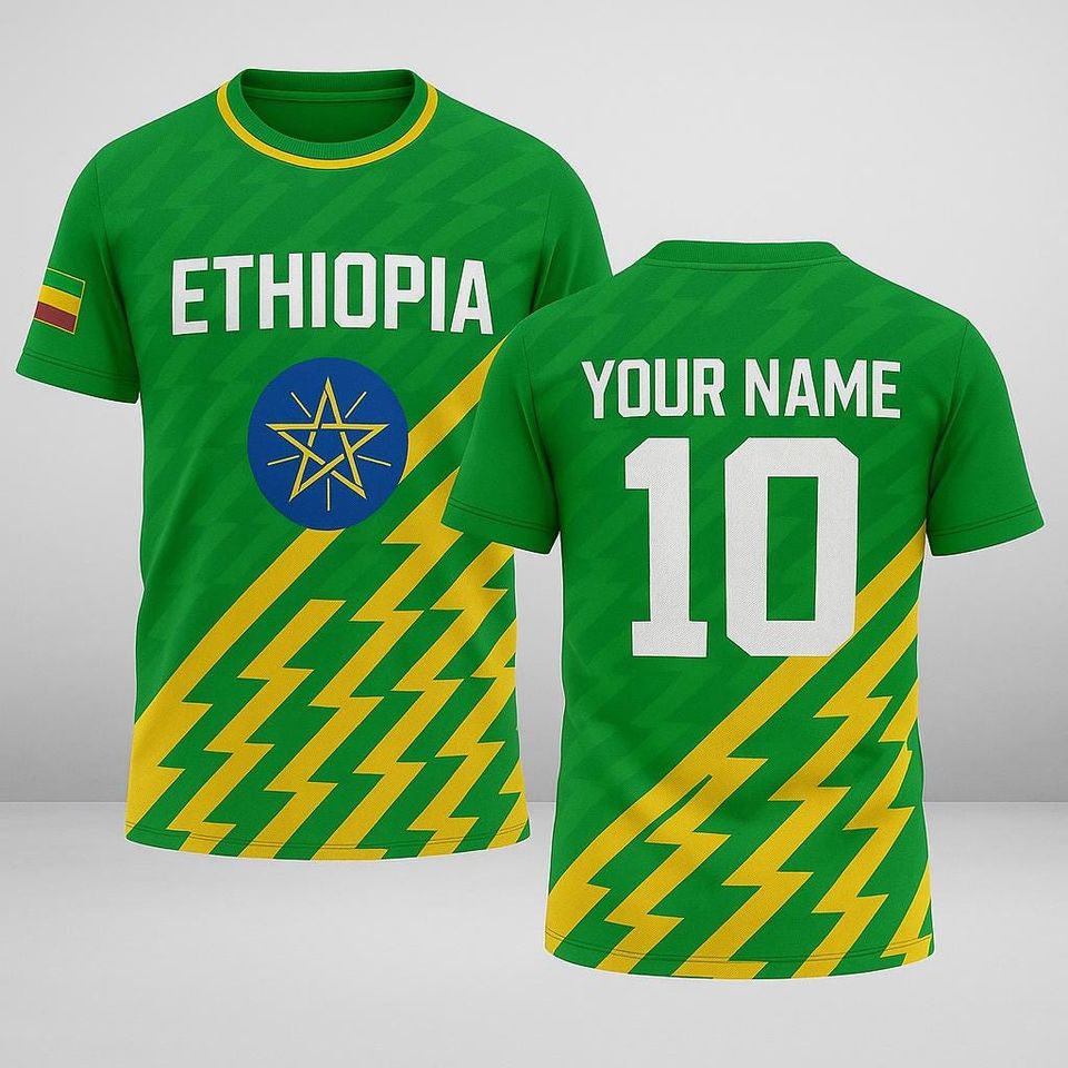 Custom Ethiopia Flag Jersey with Name and Number, Personalized Ethiopian Pride Shirt, Unisex Green Yellow Soccer Fan Tee for Matchday Gifts