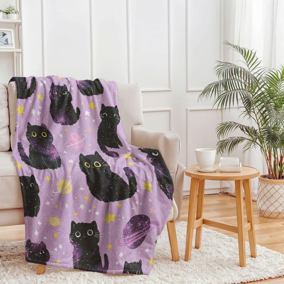 Galaxy Cat Fleece Blanket with Space Kitten Design for Pet Owners